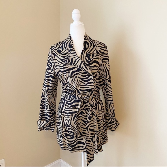 Dana Buchman Double Breasted Animal Print Tan Black Trench Coat - M - Picture 1 of 16